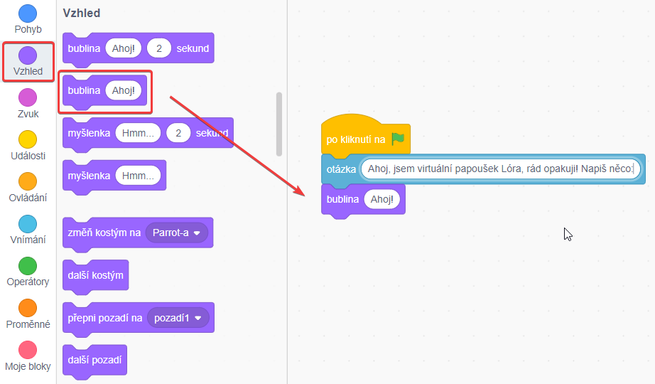 Blok bublina pri papagáji - Scratch