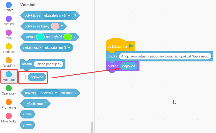 Blok odpoveď v bubline - Scratch