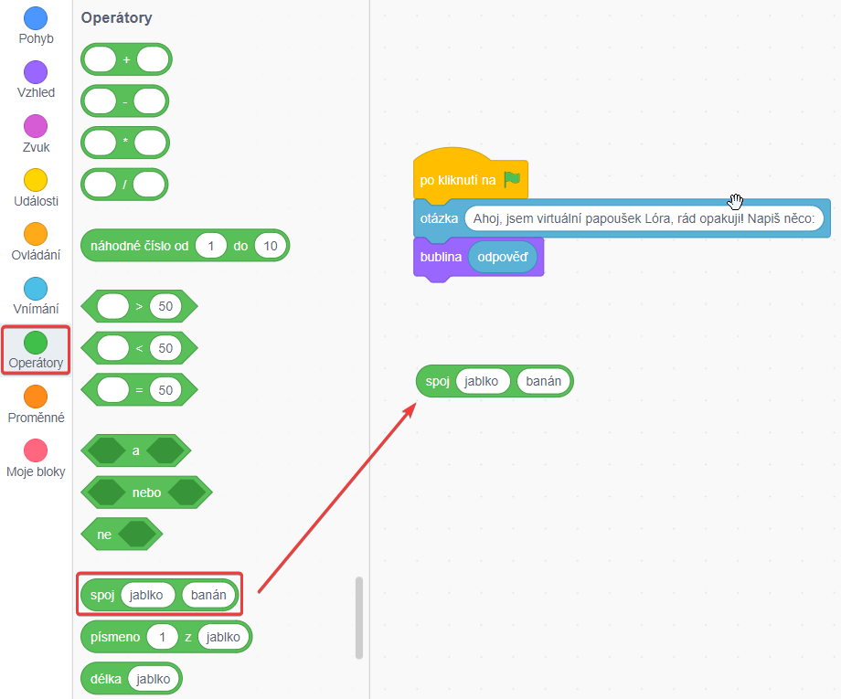Pridanie bloku „spoj“ do projektu - Scratch