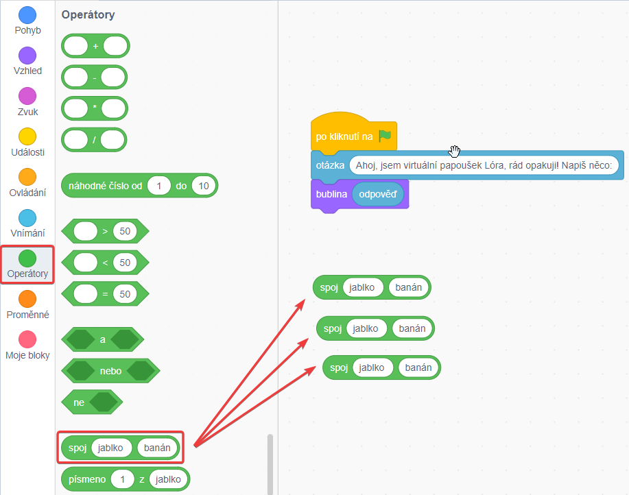 Tri bloky „spoj“ v projekte - Scratch