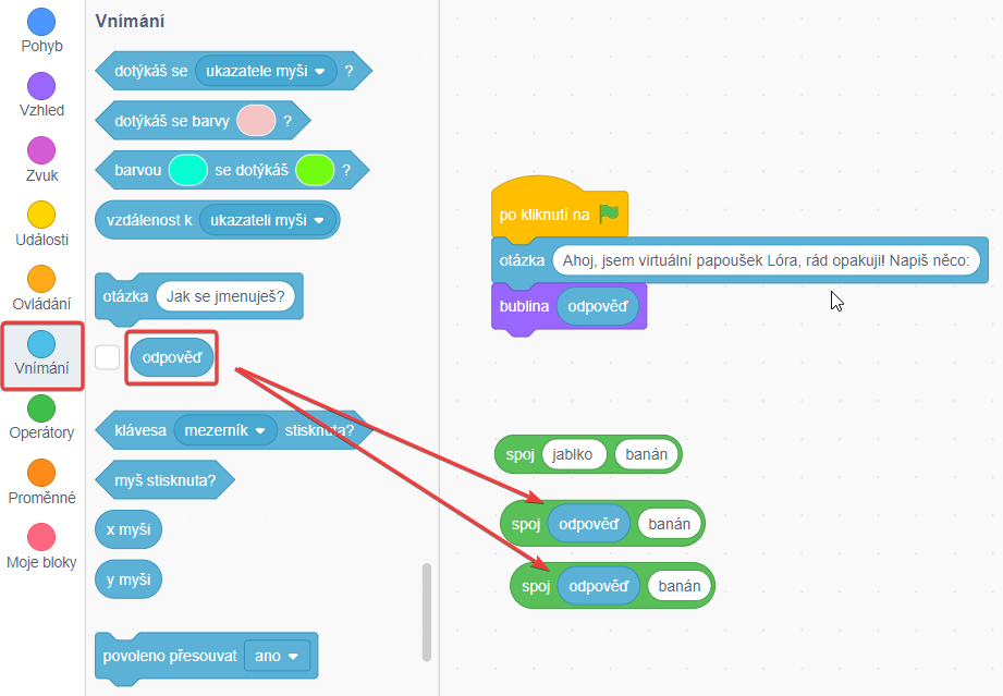 Pridanie odpovede do dvoch blokov „spoj“ - Scratch