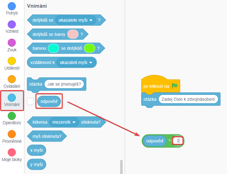 Blok odpoveď krát 2 v bloku krát - Scratch