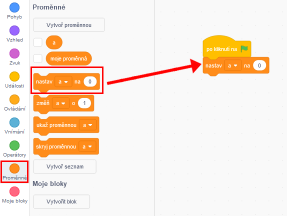 Nastavenie hodnoty premennej - Scratch