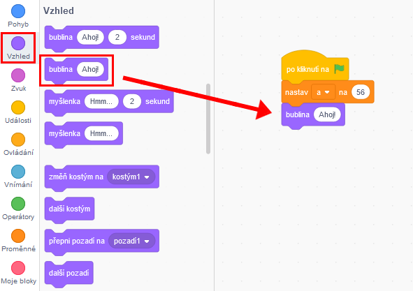 Vloženie výpisu za blok s premennou - Scratch