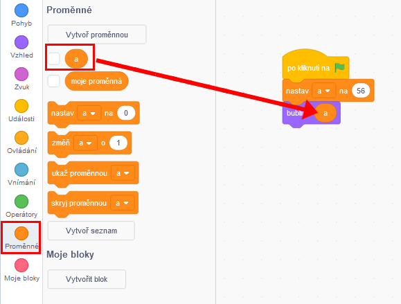 Nastavenie výpisu na hodnotu premennej - Scratch