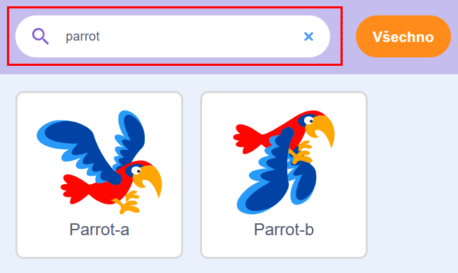 Vyhľadávanie papagája - Scratch