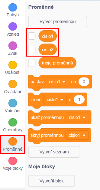 Premenné cislo1 a cislo2 - Scratch