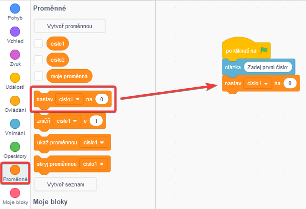 Blok nastav cislo1 na - Scratch