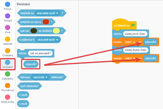 Pridanie blokov odpoveď do blokov nastav na - Scratch