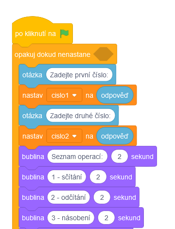 Telo kalkulačky v cykle - Scratch