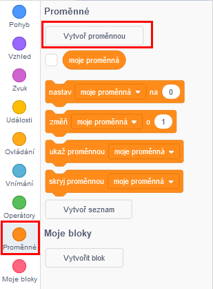 Tvorba premennej - Scratch