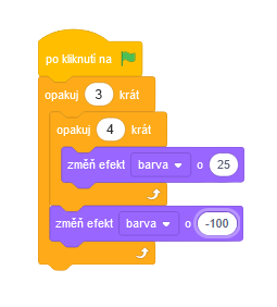 Program vnorené cykly so zmenou farby - Scratch