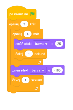 Program vnorené cykly so zmenou farby a čakaním - Scratch