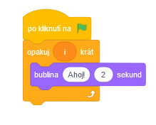 Program rad cyklus s premennou a bublinou - Scratch