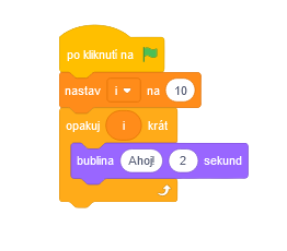 Program rad cyklus s premennou nastavenou na 10 - Scratch