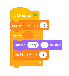 Program rad cyklus s premennou, ktorá sa zmenšuje - Scratch