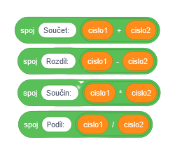 bloky operácií s premenlivými cislo1 a cislo2 - Scratch