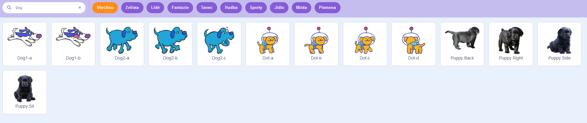 Vyhľadávanie v knižnici kostýmov - Scratch