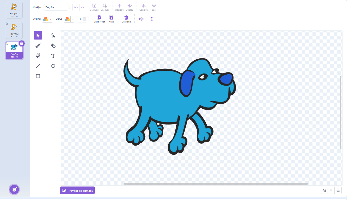Kostým psa pridaný do projektu - Scratch
