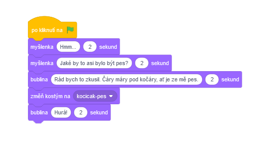 Kód programu, meniaceho mačičiaka na psa - Scratch