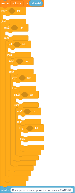 Program Nákupný zoznam má bloky pre prípady - Scratch