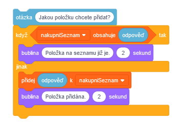 Program Nákupný zoznam pridáva položky - Scratch