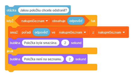 Program Nákupný zoznam odoberá položky - Scratch