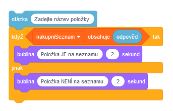 Program Nákupný zoznam vie, čo je na zozname - Scratch