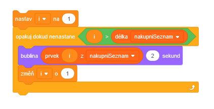 Program Nákupný zoznam číta celý zoznam - Scratch