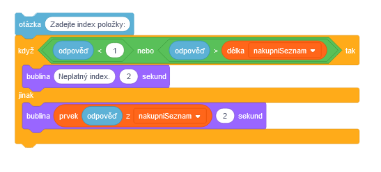 Program Nákupný zoznam číta prvok z konkrétneho indexu - Scratch