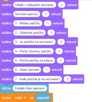 Program Nákupný zoznam má možnosť voľby - Scratch