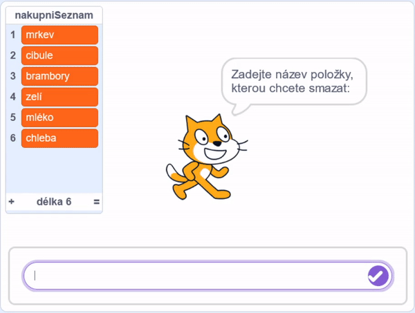 Mačičák maže položku zo zoznamu - Scratch