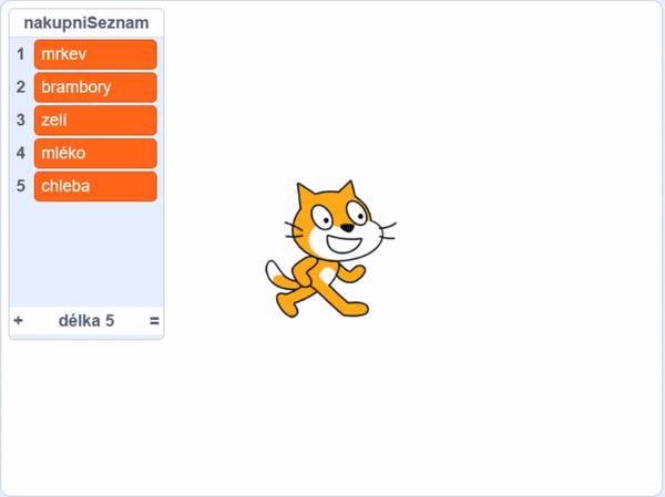 Mačičák maže položku zo zoznamu a kontroluje ho - Scratch