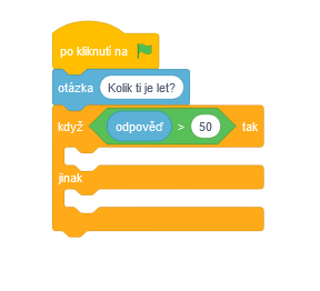 Odpoveď je väčšia ako 50 v bloku keď tak inak - Scratch