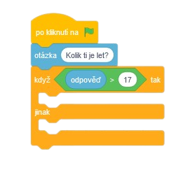 Správne doplnené číslo 17 v bloku keď tak inak - Scratch