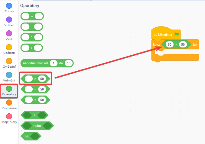 Operátor 60 väčší ako 50 - Scratch