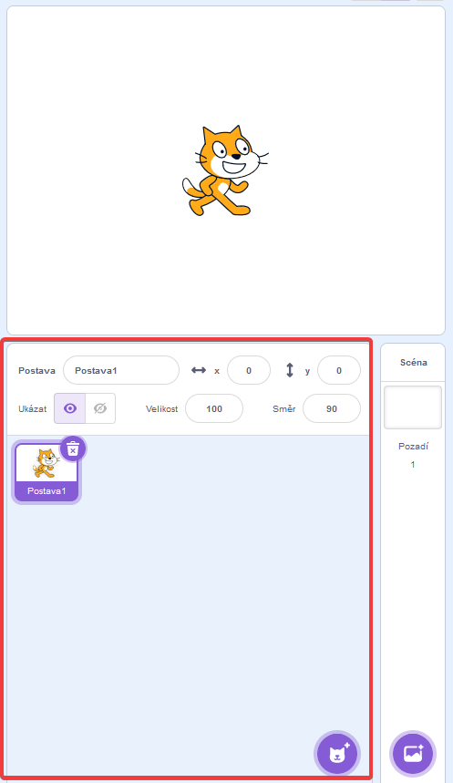 Časť pre prácu s postavami - Scratch - Scratch