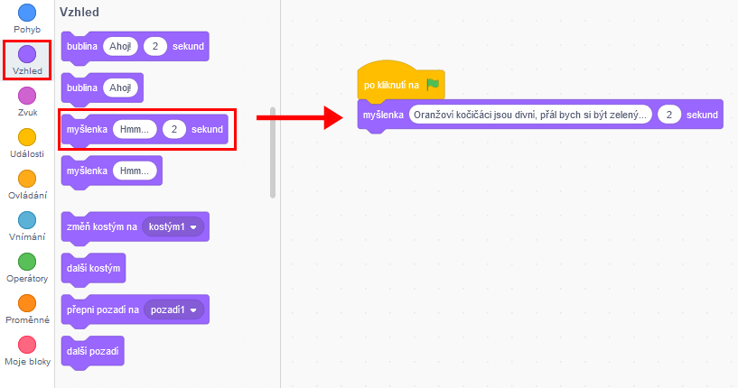 Pridanie bloku myšlienka stextom, že mačičiak chce byťzelený - Scratch