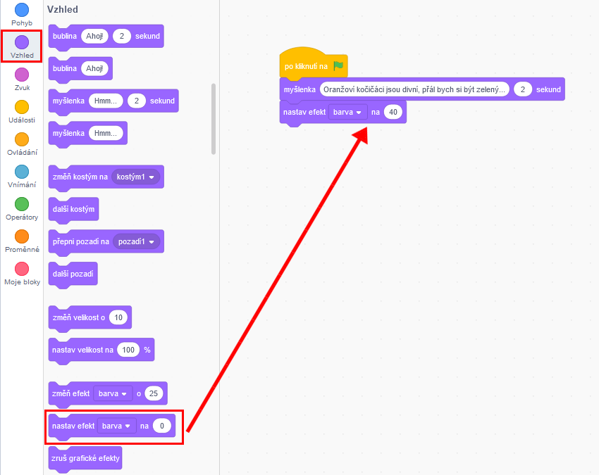 Doplnenie bloku, ktorý zozelená mačičiaka - Scratch
