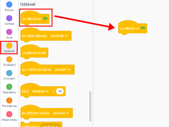 Použitie bloku po kliknutí na + vlajočka - Scratch