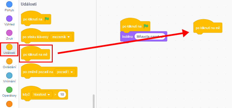 Použitie bloku po kliknutí na mňa - Scratch