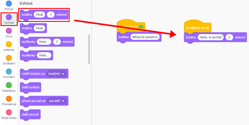 Doplnenie bubliny na 2 sekundy s textom Hehe, to šteklí - Scratch