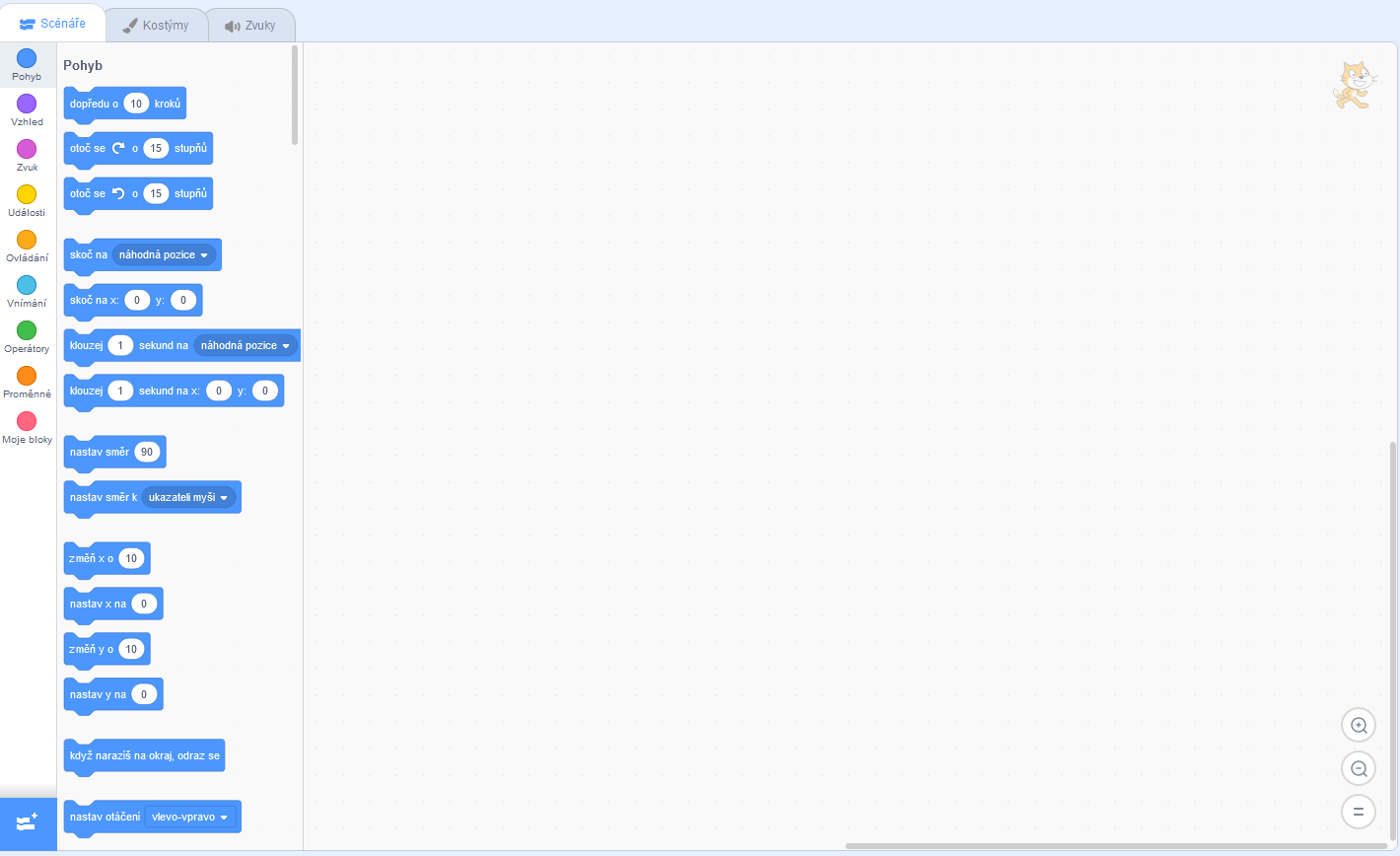 Okno s pripravenými blokmi - Scratch