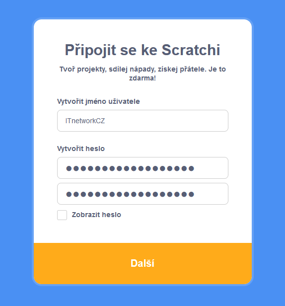 Registračná stránka - Scratch