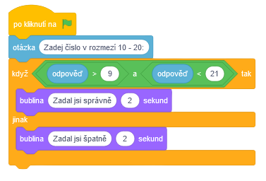Kód programu na zadanie čísla v rozsahu - Scratch