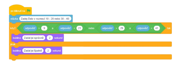 Kód programu na zadanie čísla v dvoch rozmedziach - Scratch