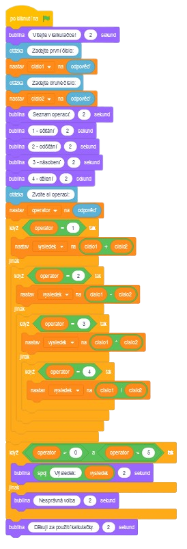 Kód programu kalkulačky s operátormi pomocou čísel - Scratch