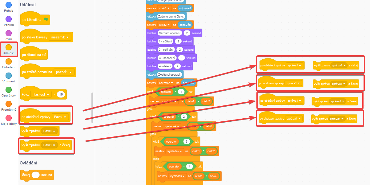 štyri bloky vysielania a prijímania správ - Scratch