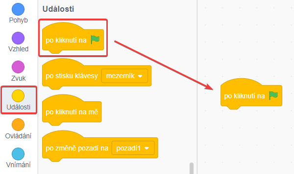 Pridanie bloku po kliknutí na vlajočka - Scratch