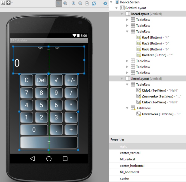 Výsledný návrh kalkulačky v Android Studio - Programovanie Android aplikácií v Jave